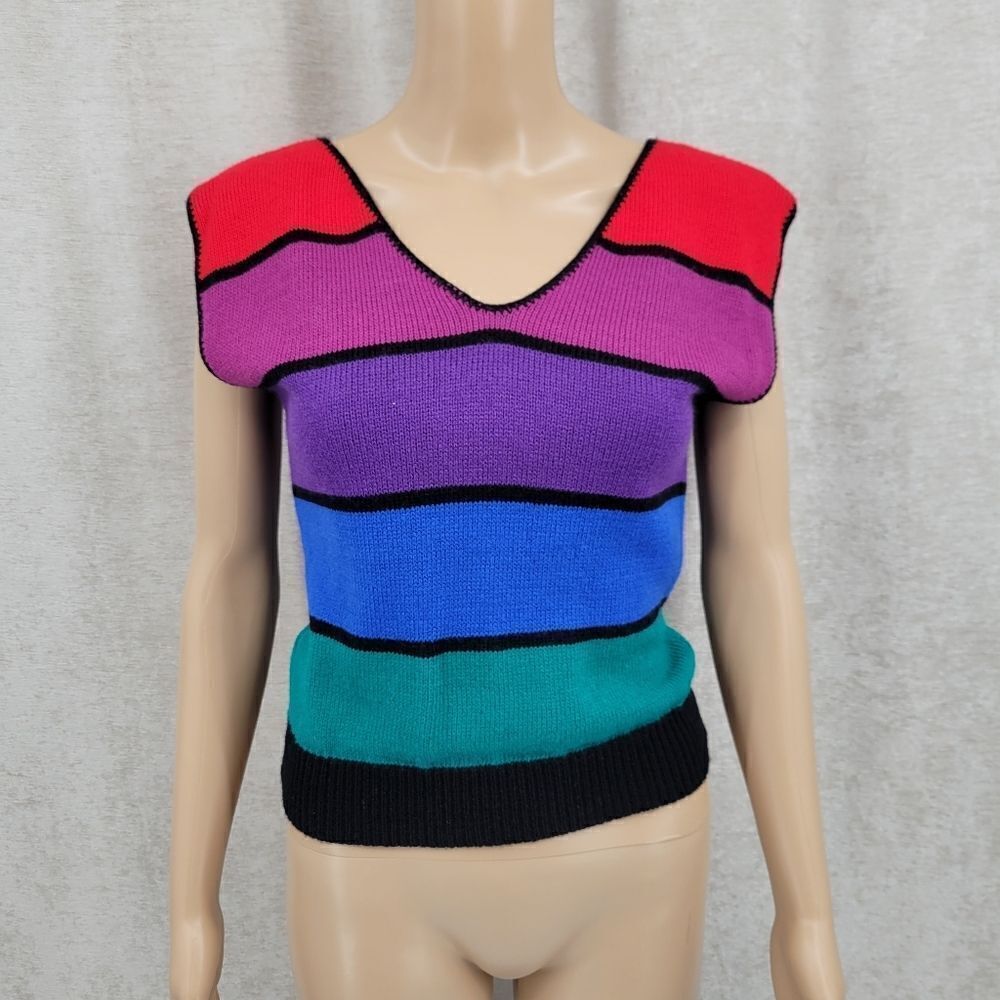 Avon Fashions 80s Sleeveless Sweater Vest Colorblock Stripe Pattern Vneck XS